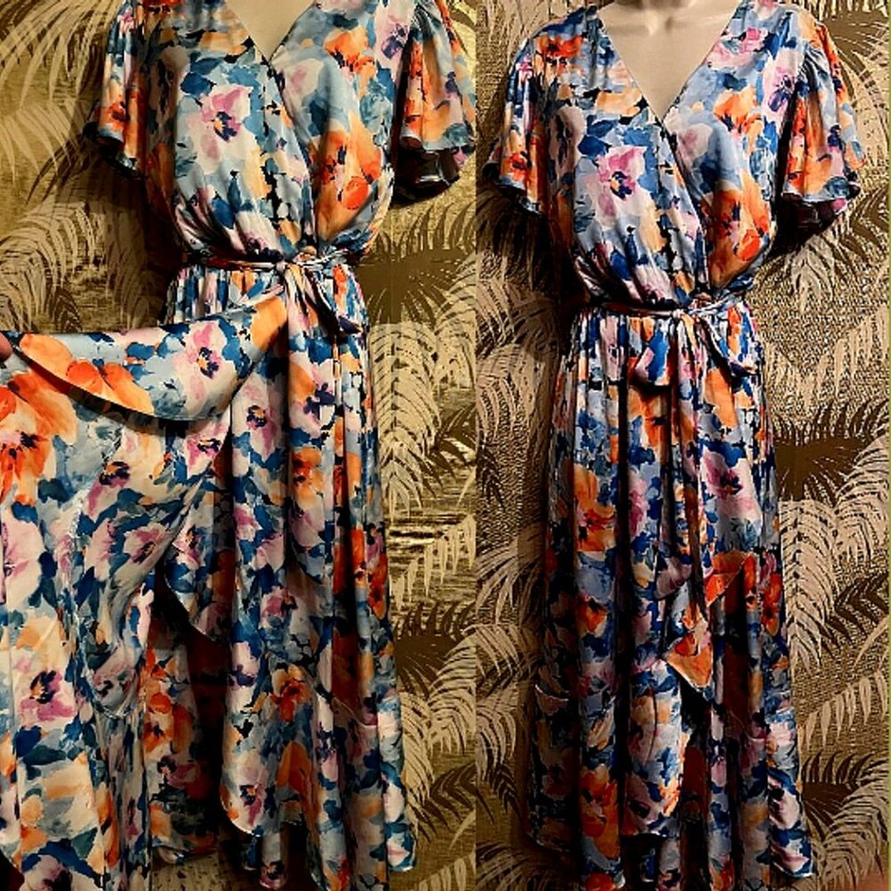 Nicole Miller New York Floral Faux Wrap Midi Maxi Dress ~ Sz XL